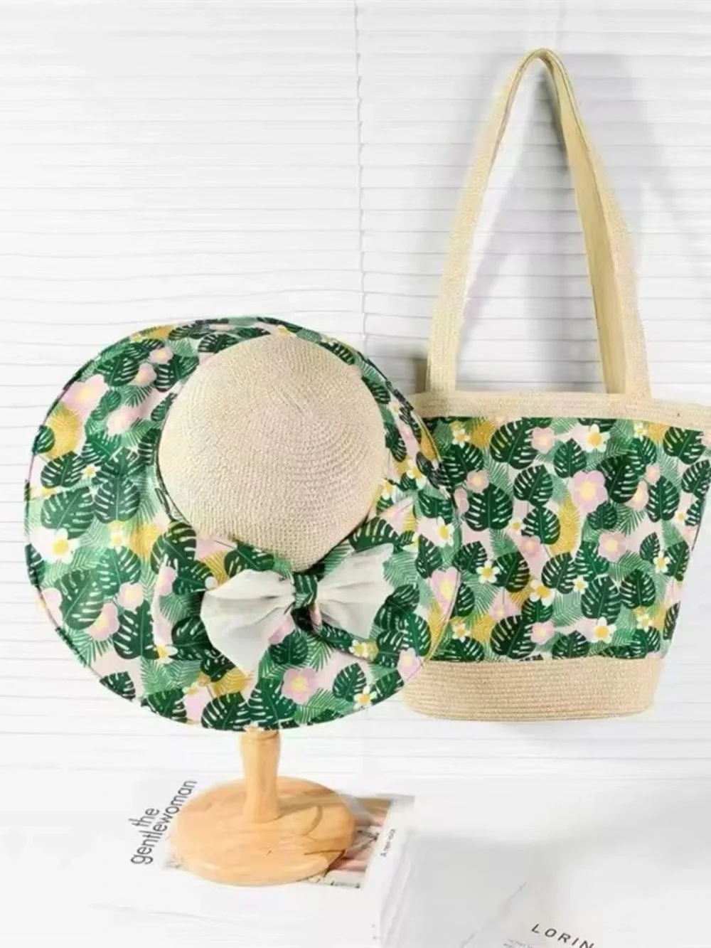 Striped Straw Tote Bag with Blue, Green & Beige Accents